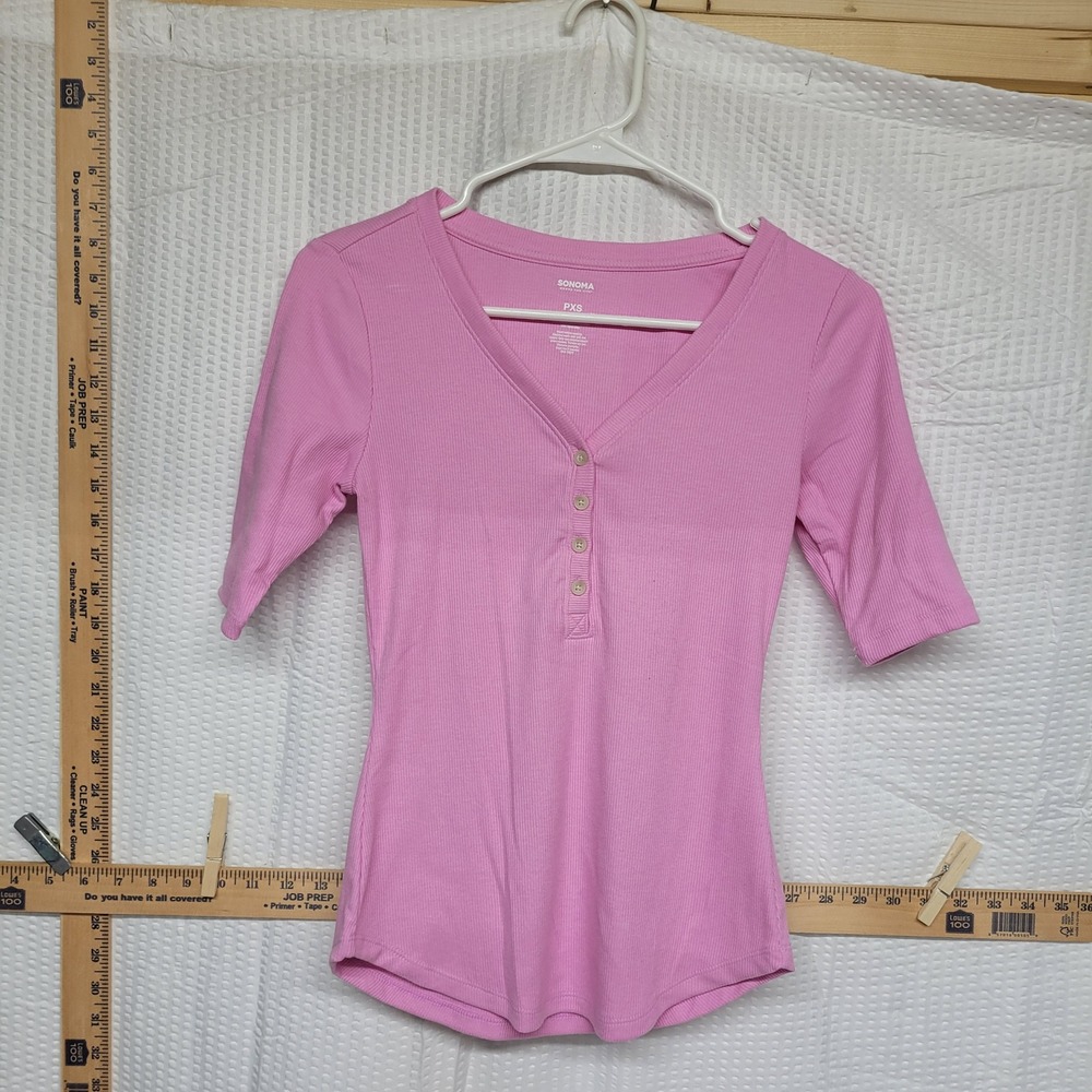 Sonoma Goods For Life Pink Ribbed Henley Top Petite XS Elbow Sleeve